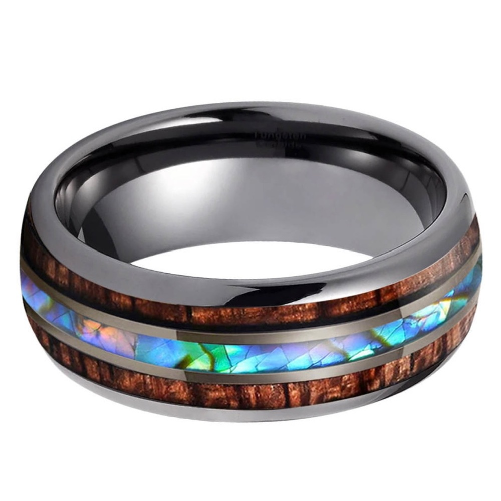 Tungsten Carbide Koa‎ wood abalone shell gunmetal wedding ring band NEW Size 11